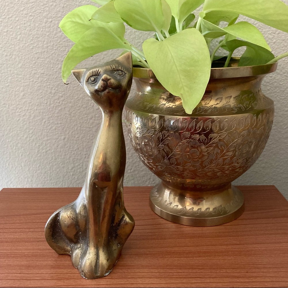 Vintage Brass Cat Figurine Siamese Boho